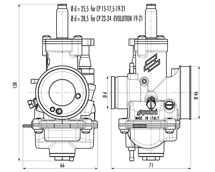 Bague de réduction pour carburateur Polini CP évolution